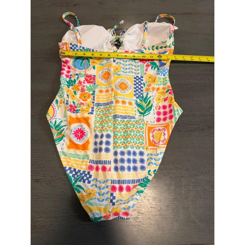 Time and Tru Womens Tropical Patchwork One Piece Swimsuit Floral Ruffle L 12-14 - Picture 4 of 4